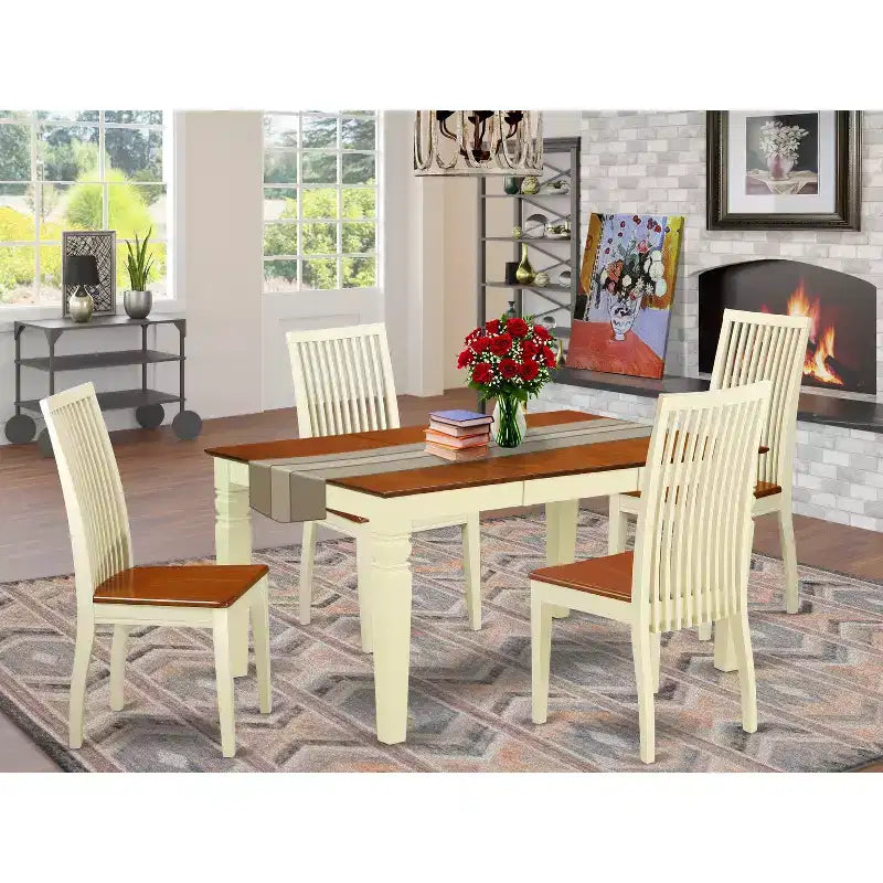 Table de salle à manger HomeStock 5 pièces avec plateau en bois massif finition cerisier et crème et 4 chaises