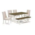 HomeStock 6-Piece Rectangle Distressed Jacobean Finish Solid Wood Top Dining Table with 1-Bench, 4-Chairs