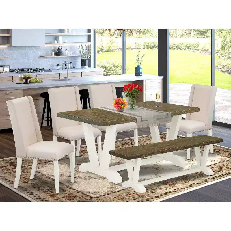 HomeStock Table de salle à manger rectangulaire 6 pièces en bois massif finition jacobéen vieilli avec 1 banc et 4 chaises