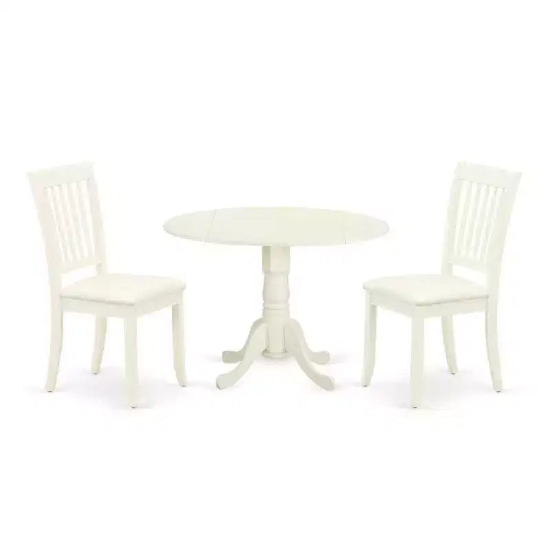 Round Dinette Set with Drop Leaf Table & 2 Linen Dining Chairs - White Finish