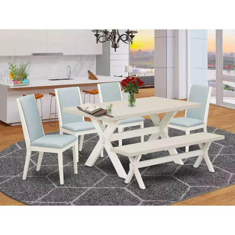 HomeStock – Table à manger 6 pièces avec plateau en bois massif finition chêne naturel, 1 banc et 4 chaises