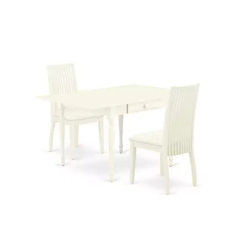 HomeStock 3-Pc Linen White Finish Solid Wood Top With Dropleaf Dining Table Set