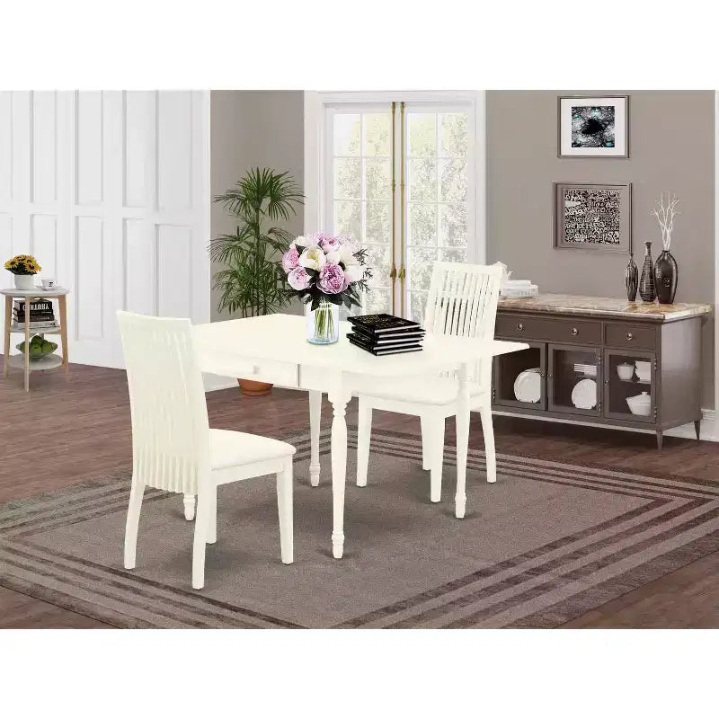 Ensemble de salle à manger 3 pièces HomeStock avec plateau en bois massif finition blanc lin et rallonge rabattable