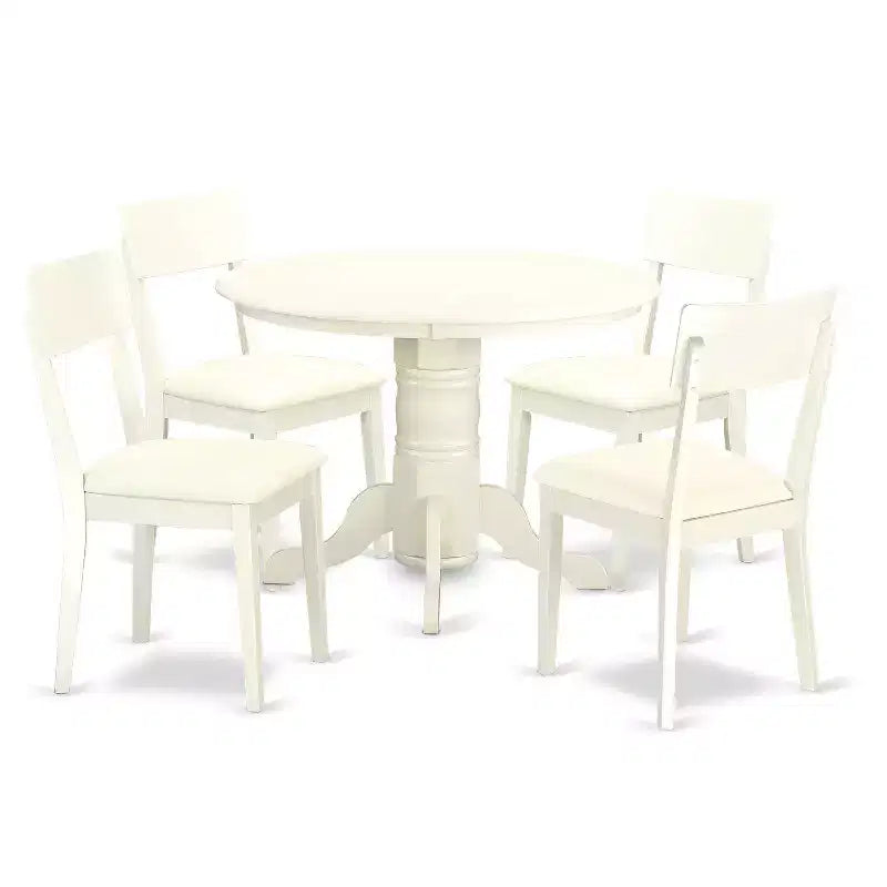 Ensemble de salle à manger HomeStock 5 pièces, table ronde en bois massif avec plateau en lin blanc et 4 chaises