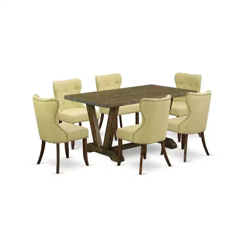 HomeStock 7-Piece Rectangle Distressed Jacobean Finish Solid Wood Top Dining Table with 6 Parson-Chairs