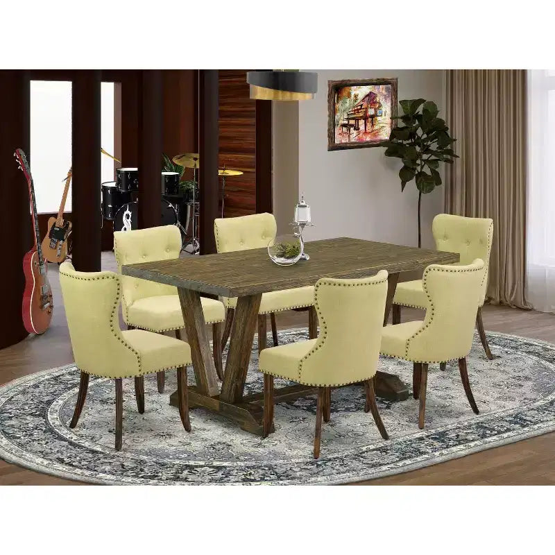 Table à manger HomeStock 7 pièces rectangulaire en bois massif finition jacobine patinée avec 6 chaises Parsons