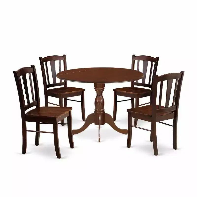 HomeStock 5-Piece Mahogany Finish Solid Wood Top Dining table with 4 Chairs with Drop Leaf Slat Back