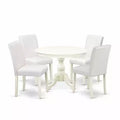 HomeStock 5-Pc Linen White Finish Solid Wood Top Dining table with 4 White Faux Leather Upholstered Parson Chairs