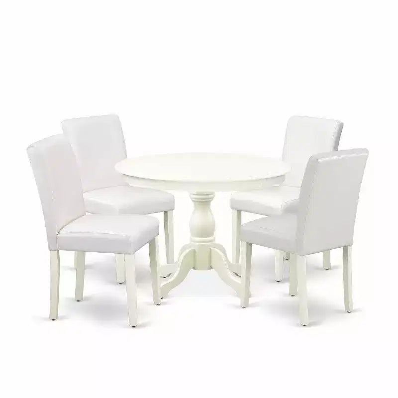 HomeStock 5-Pc Linen White Finish Solid Wood Top Dining table with 4 White Faux Leather Upholstered Parson Chairs