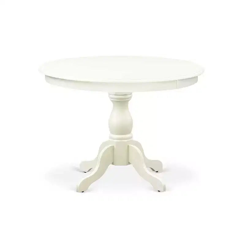 HomeStock – Table de salle à manger 5 pièces en bois massif finition blanc lin avec 4 chaises Parson rembourrées en similicuir blanc