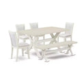 HomeStock 6-Piece Rectangle Wire Brushed Linen White Finish Solid Wood Top Dining Table with 1-Bench, 4-Chairs