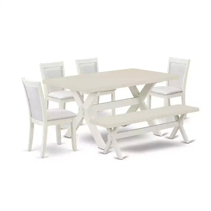 HomeStock 6-Piece Rectangle Wire Brushed Linen White Finish Solid Wood Top Dining Table with 1-Bench, 4-Chairs