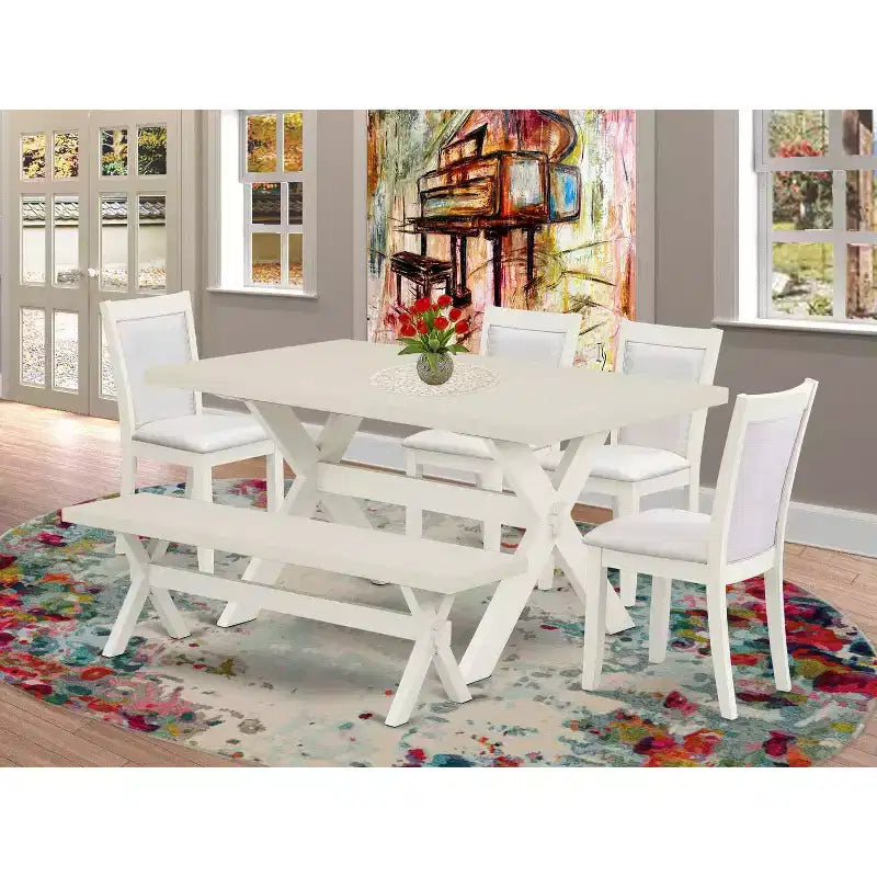 HomeStock Table de salle à manger 6 pièces rectangulaire en bois massif brossé blanc lin avec 1 banc et 4 chaises
