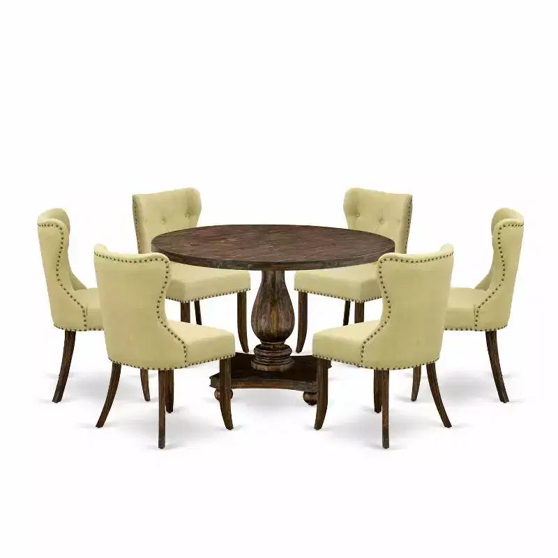 HomeStock 7-Piece Distressed Jacobean Finish Solid Wood Top Dining Table with 6-Parson Chairs
