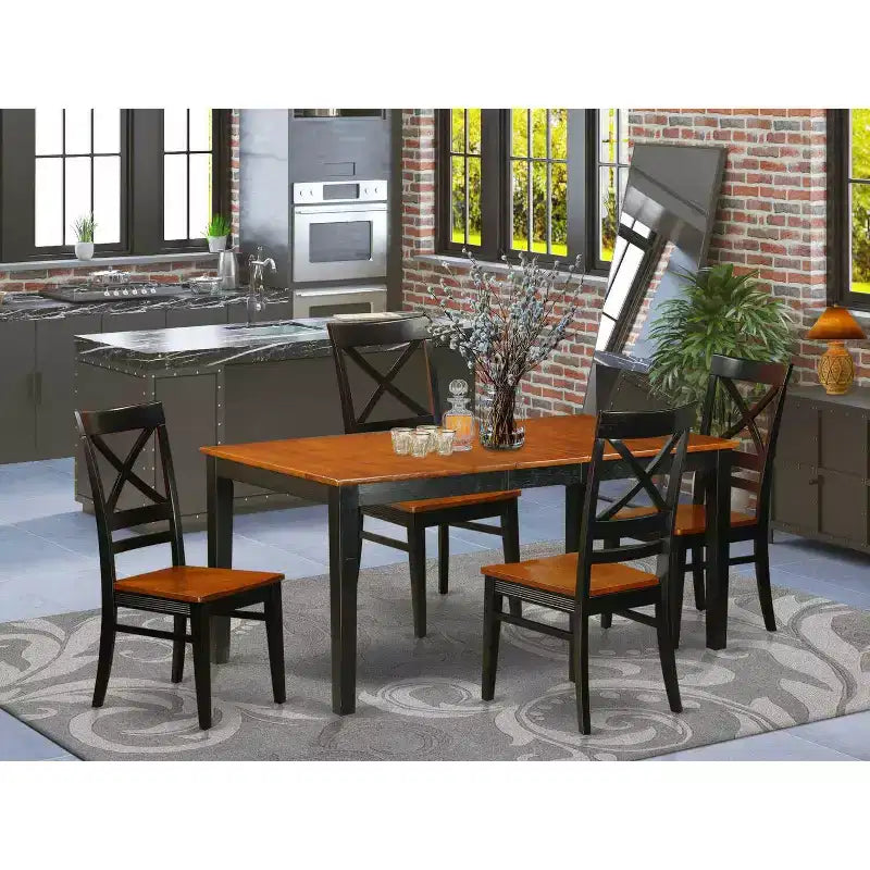 HomeStock Table de salle à manger rectangulaire 5 pièces en bois massif noir et cerisier avec 4 chaises