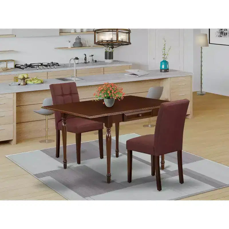Ensemble de salle à manger 3 pièces HomeStock avec plateau rectangulaire en bois massif finition acajou et rabats
