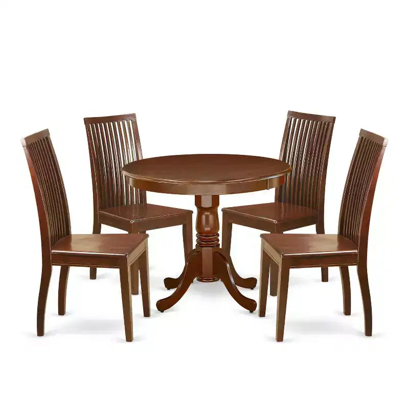 HomeStock 5-Piece Round Mahogany Finish Solid Wood Top Dining table with 4-Chairs