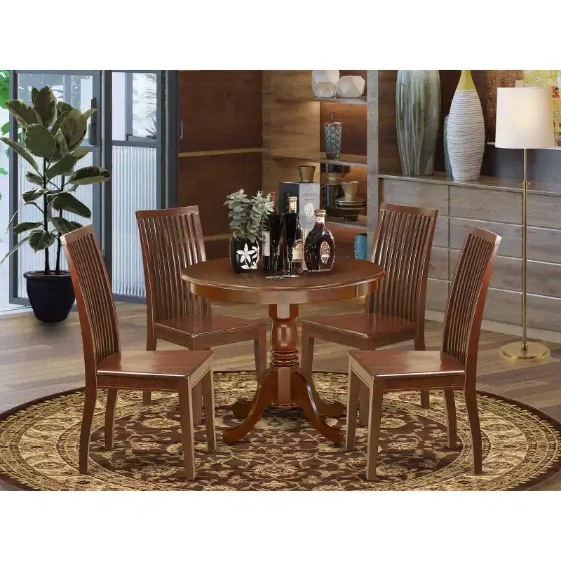 Table à manger HomeStock ronde 5 pièces en bois massif finition acajou avec 4 chaises