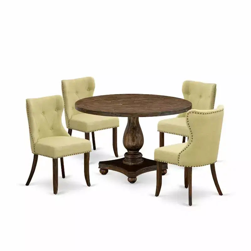 HomeStock 5-Piece Distressed Jacobean Finish Solid Wood Top Dining Table with 4 Parson Chair