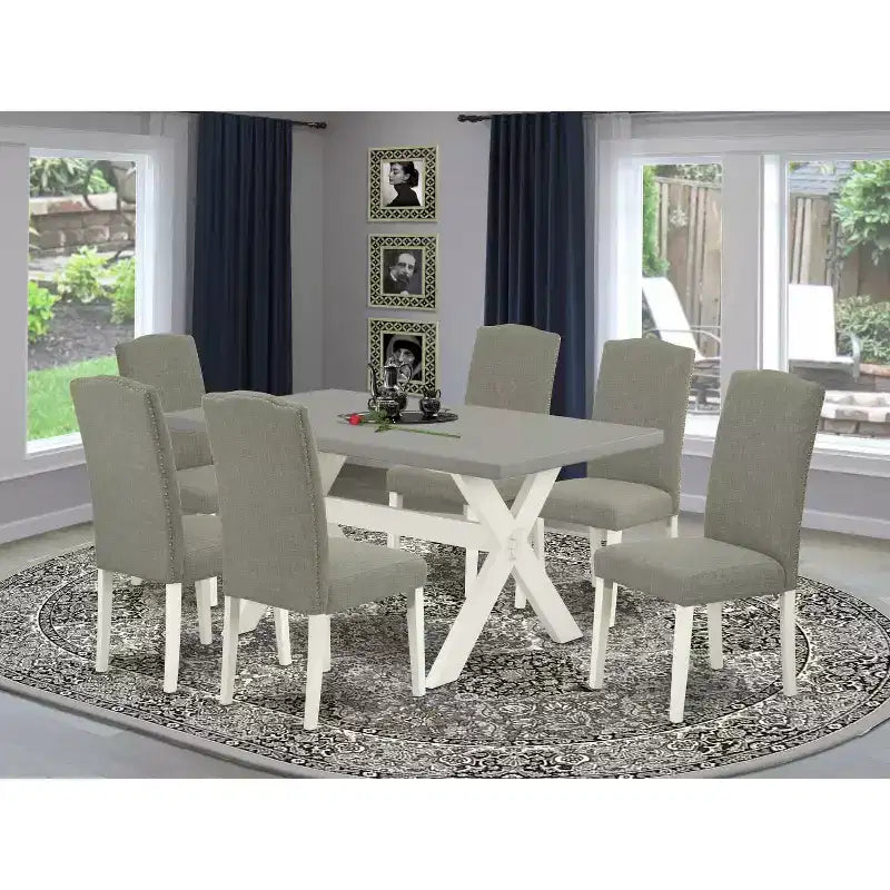 Table de salle à manger rectangulaire 7 pièces en bois massif finition chêne naturel avec 6 chaises Parson