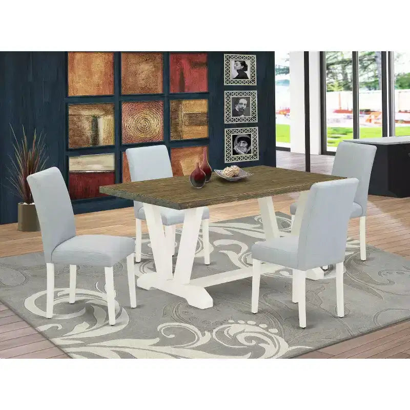 HomeStock Ensemble de salle à manger 5 pièces en chêne naturel avec table rectangulaire à plateau en bois massif et 4 chaises rembourrées