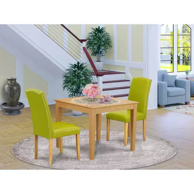 Ensemble de salle à manger carré 3 pièces Table et chaises - Cuir PU vert - Pieds en chêne - 91 cm - Meubles de cuisine