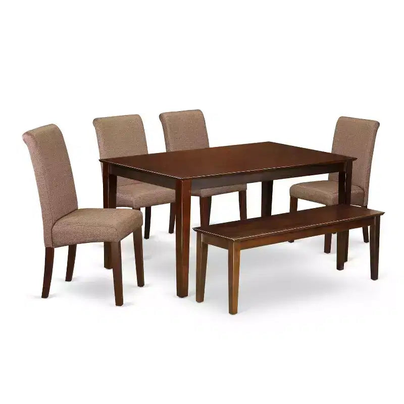 HomeStock 6-Piece Rectangle Mahogany Finish Solid Wood Top Dining Table with 1 Bench, 4 Chairs
