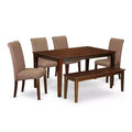 HomeStock 6-Piece Rectangle Mahogany Finish Solid Wood Top Dining Table with 1 Bench, 4 Chairs