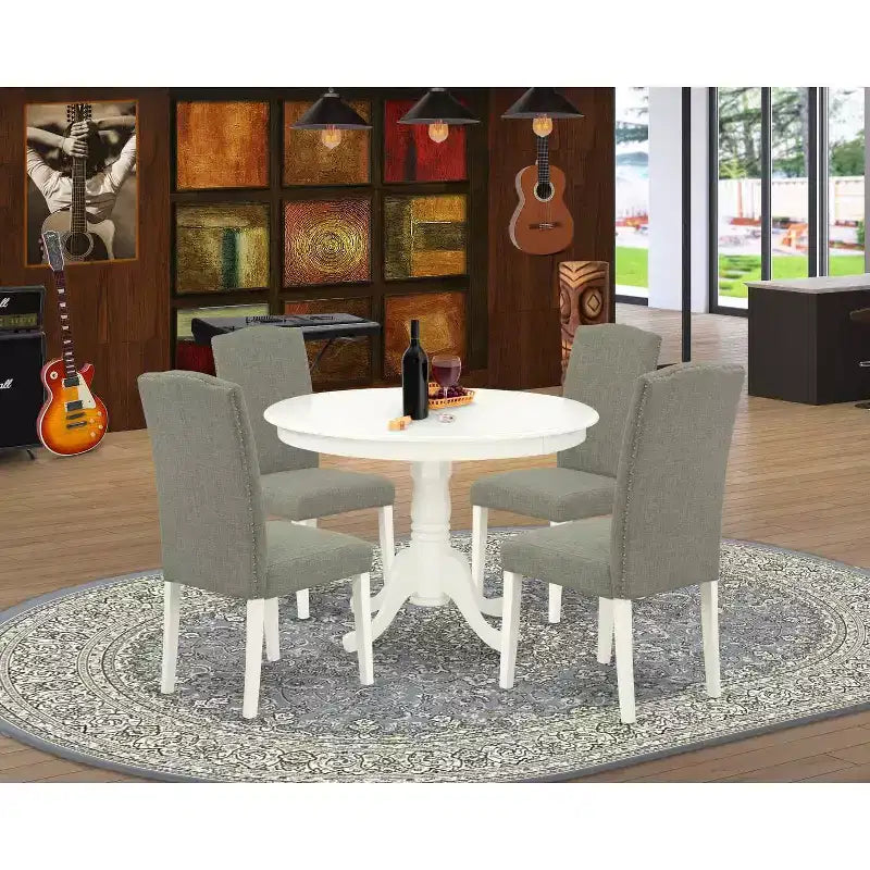 Ensemble de salle à manger rond 5 pièces - Table de 42 pouces et 4 chaises - Ensemble de cuisine moderne - Pieds blanc lin - Tissu Shitake foncé