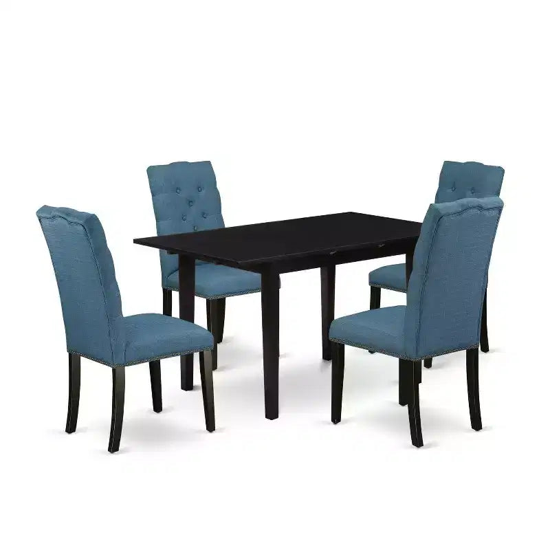 HomeStock 5-Pc Black Solid Wood Top-Rectangular Button Tufted Upholstered Dining Room Set with Butterfly Leaf-Seats 4