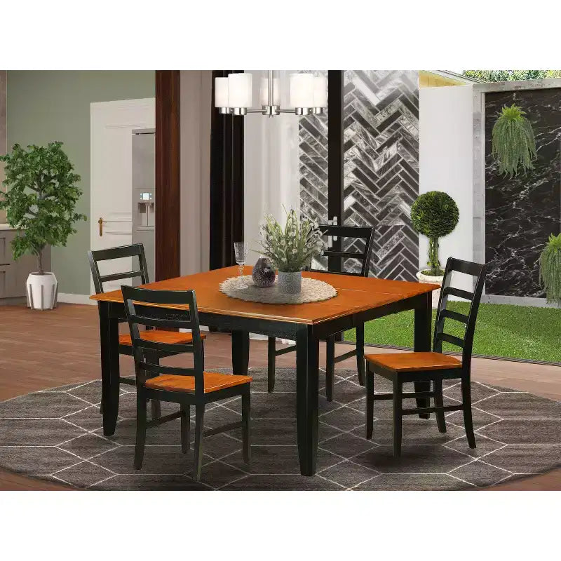 Table de salle à manger 5 pièces HomeStock carrée en bois massif noir et cerisier avec 4 chaises