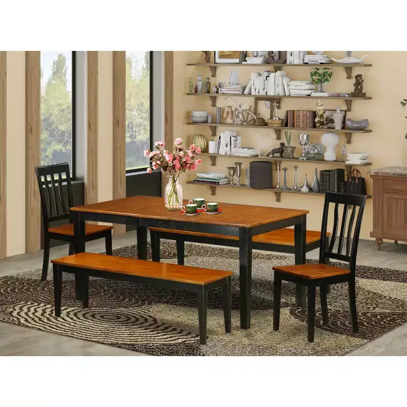 Ensemble de salle à manger 5 pièces - Table à manger avec rallonge et 4 chaises/bancs - Fini noir cerise