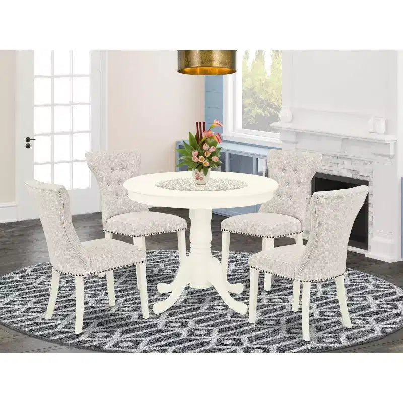 HomeStock Table à manger ronde 5 pièces en lin blanc avec plateau en bois massif et 4 chaises Parson