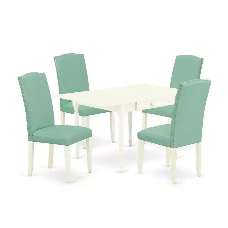 HomeStock 5-Pc Linen White Finish Solid Wood Top - Dining Room Set with Dropleaf - Seats 4