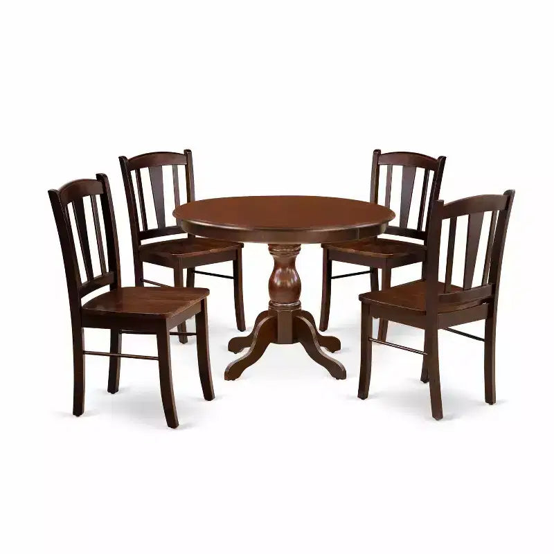 HomeStock 5-Piece Mahogany Finish Solid Wood Top Dining table with 4 Chairs with Slat Back