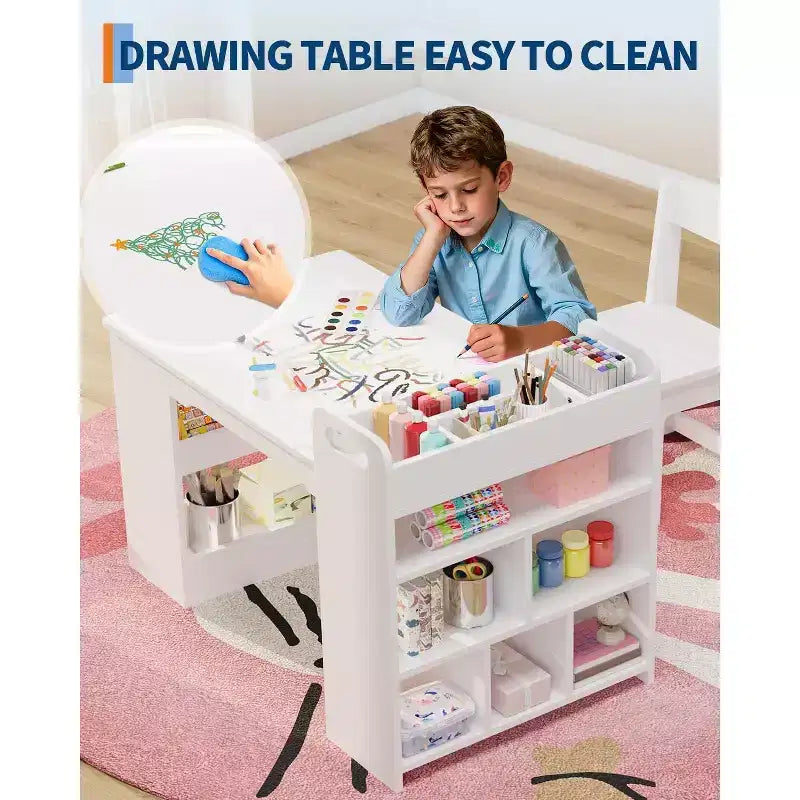 Table et 2 chaises Garvee Kids Art, Table d'artisanat avec grandes étagères de rangement, Bureau de dessin en bois Activité et artisanat pour enfants