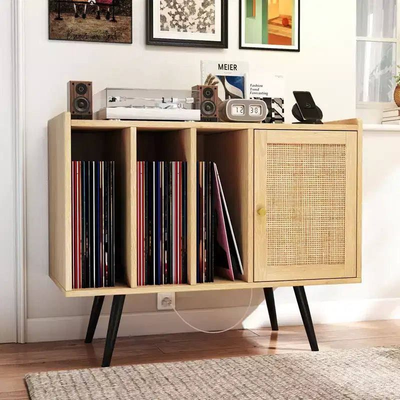 Meuble tourne-disque avec station de charge et armoire en rotin à étagère réglable