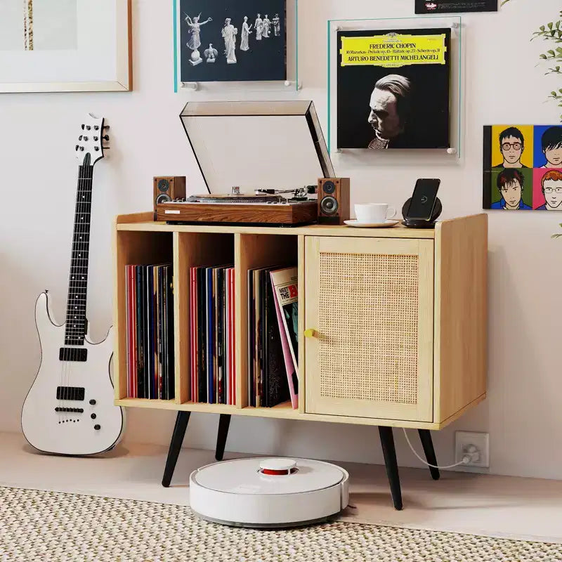 Meuble tourne-disque avec station de charge et armoire en rotin à étagère réglable