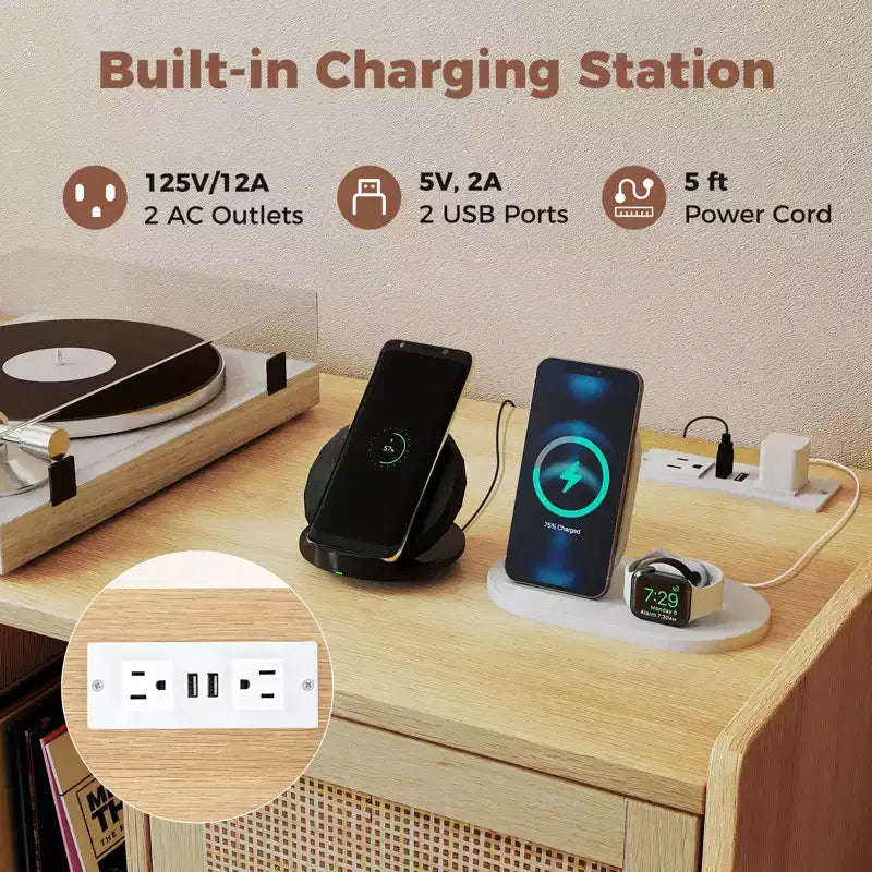 Meuble tourne-disque avec station de charge et armoire en rotin à étagère réglable