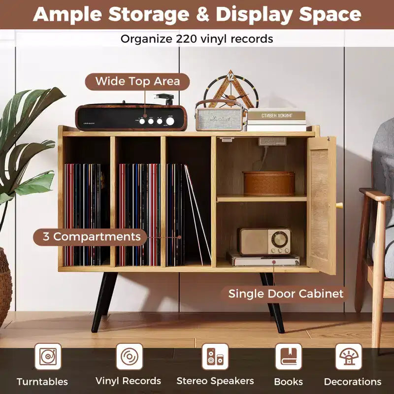 Meuble tourne-disque avec station de charge et armoire en rotin à étagère réglable