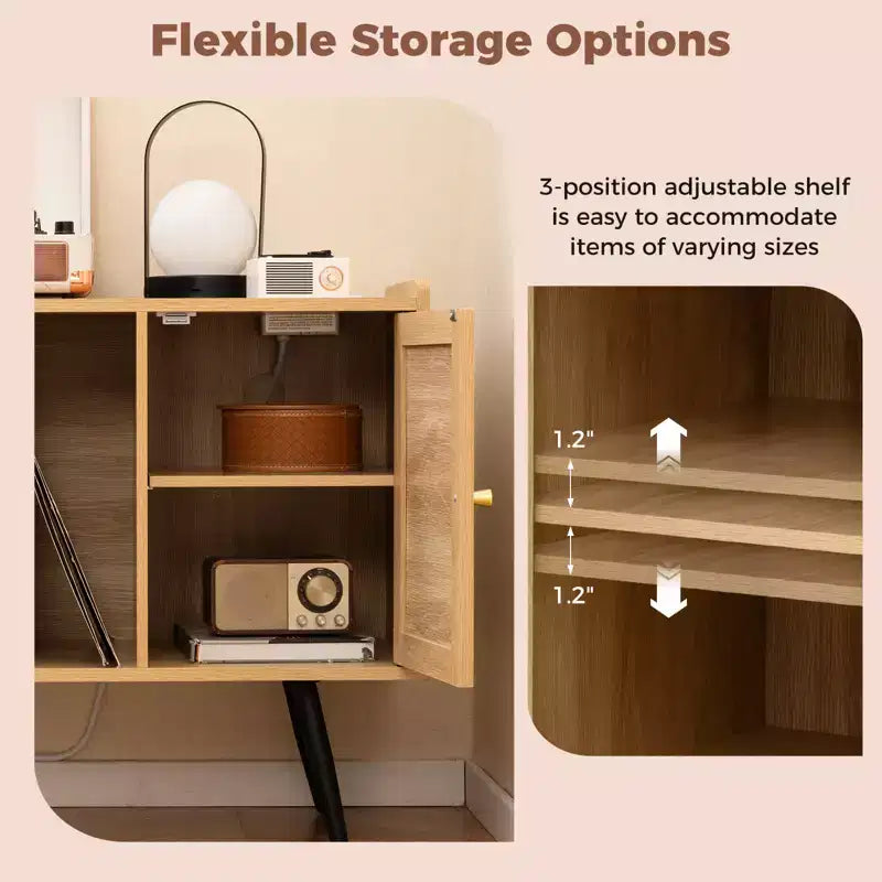 Meuble tourne-disque avec station de charge et armoire en rotin à étagère réglable