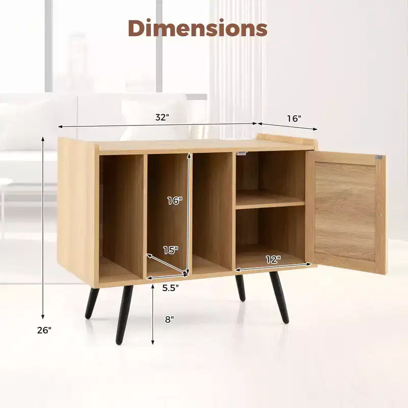 Meuble tourne-disque avec station de charge et armoire en rotin à étagère réglable