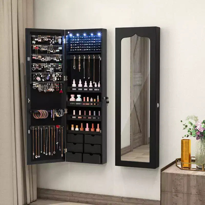 Armoire à bijoux murale/à porte avec miroir LED, serrure et 6 tiroirs, noire