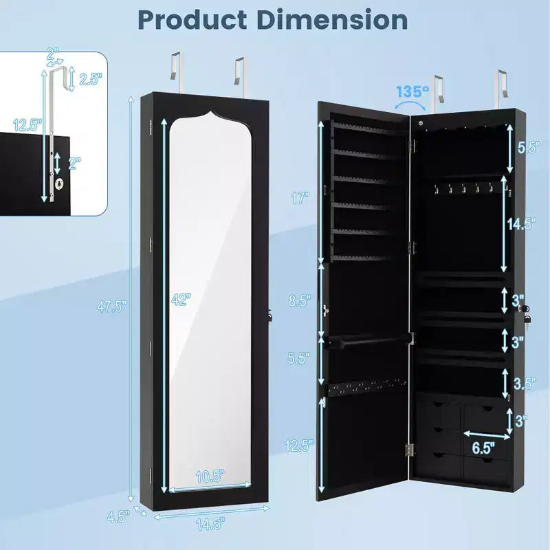 Armoire à bijoux murale/à porte avec miroir LED, serrure et 6 tiroirs, noire