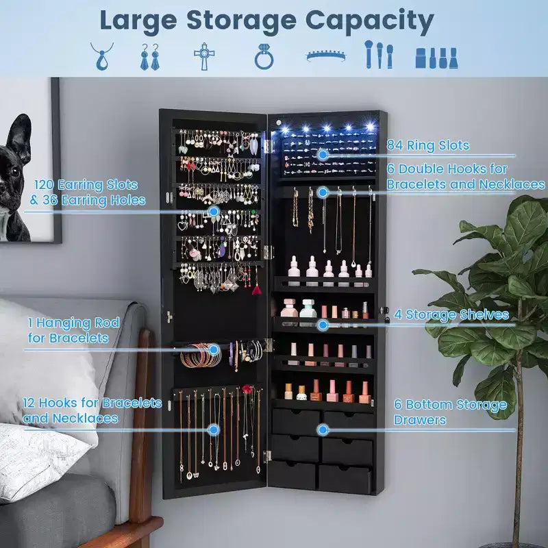 Armoire à bijoux murale/à porte avec miroir LED, serrure et 6 tiroirs, noire