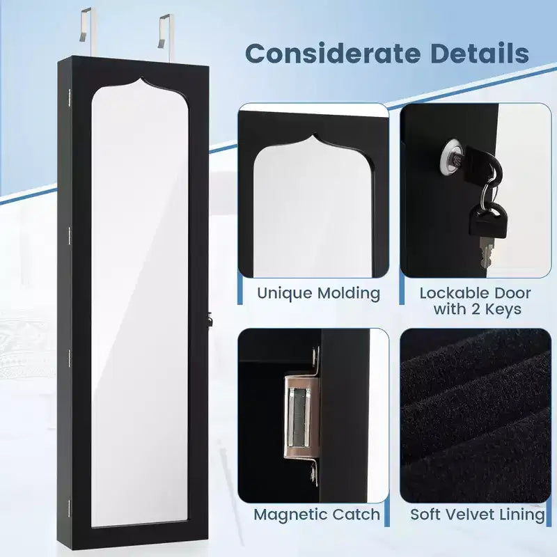 Armoire à bijoux murale/à porte avec miroir LED, serrure et 6 tiroirs, noire