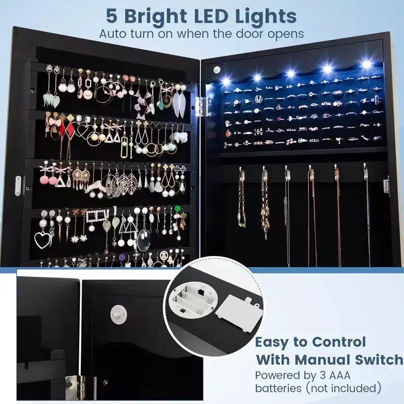 Armoire à bijoux murale/à porte avec miroir LED, serrure et 6 tiroirs, noire