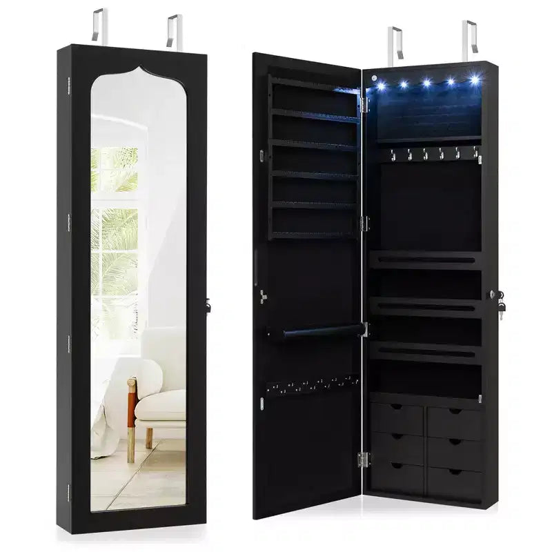 Armoire à bijoux murale/à porte avec miroir LED, serrure et 6 tiroirs, noire