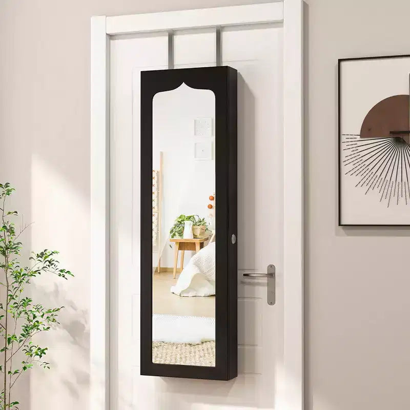 Armoire à bijoux murale/à porte avec miroir LED, serrure et 6 tiroirs, noire