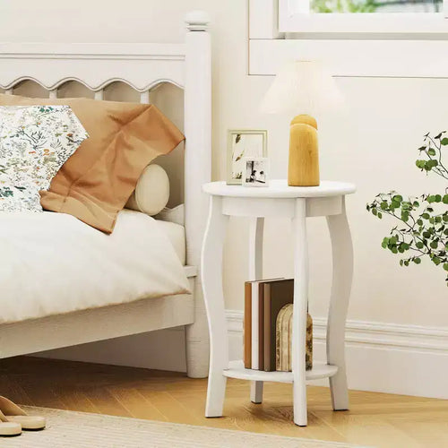 Table d'appoint ronde à 2 niveaux, table de chevet étroite pour canapé avec étagère de rangement et pieds en bois